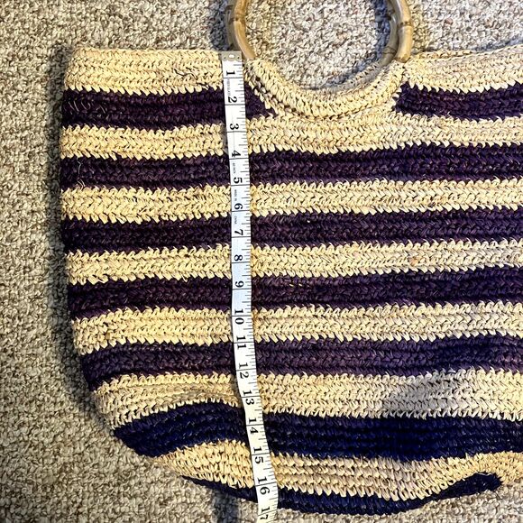 J. McLaughlin Straw Tote Bag Bamboo Handles Striped Beach Bag Lined Sea Grass - Picture 9 of 10
